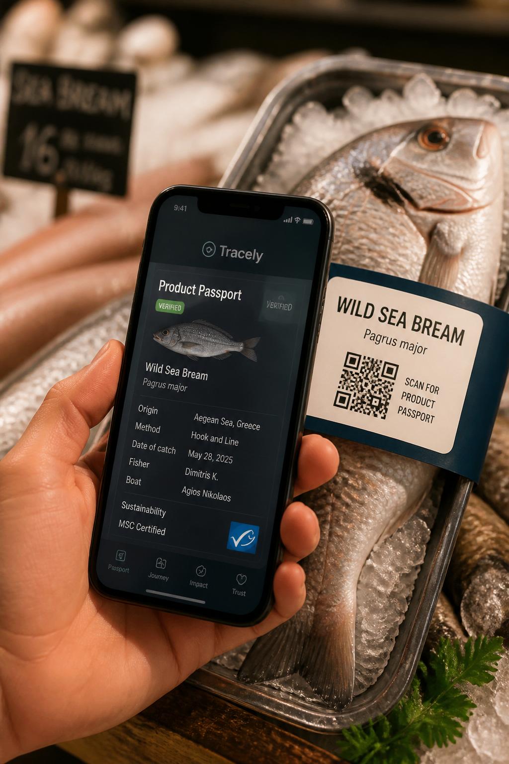 A shopper scanning a Tracely QR code on a fresh seafood package